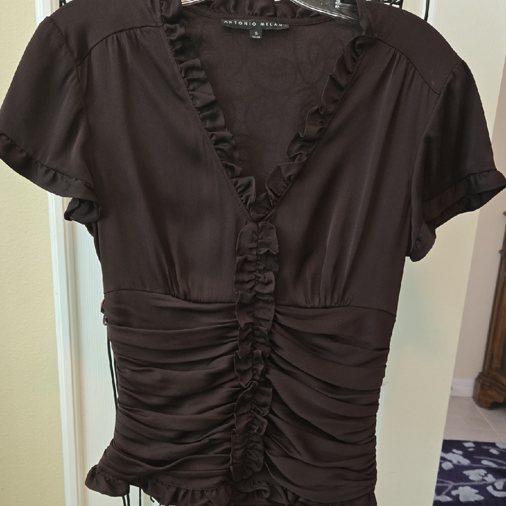 Antonio Melani Brown Ruffled Silk Sz Sm Women's Top